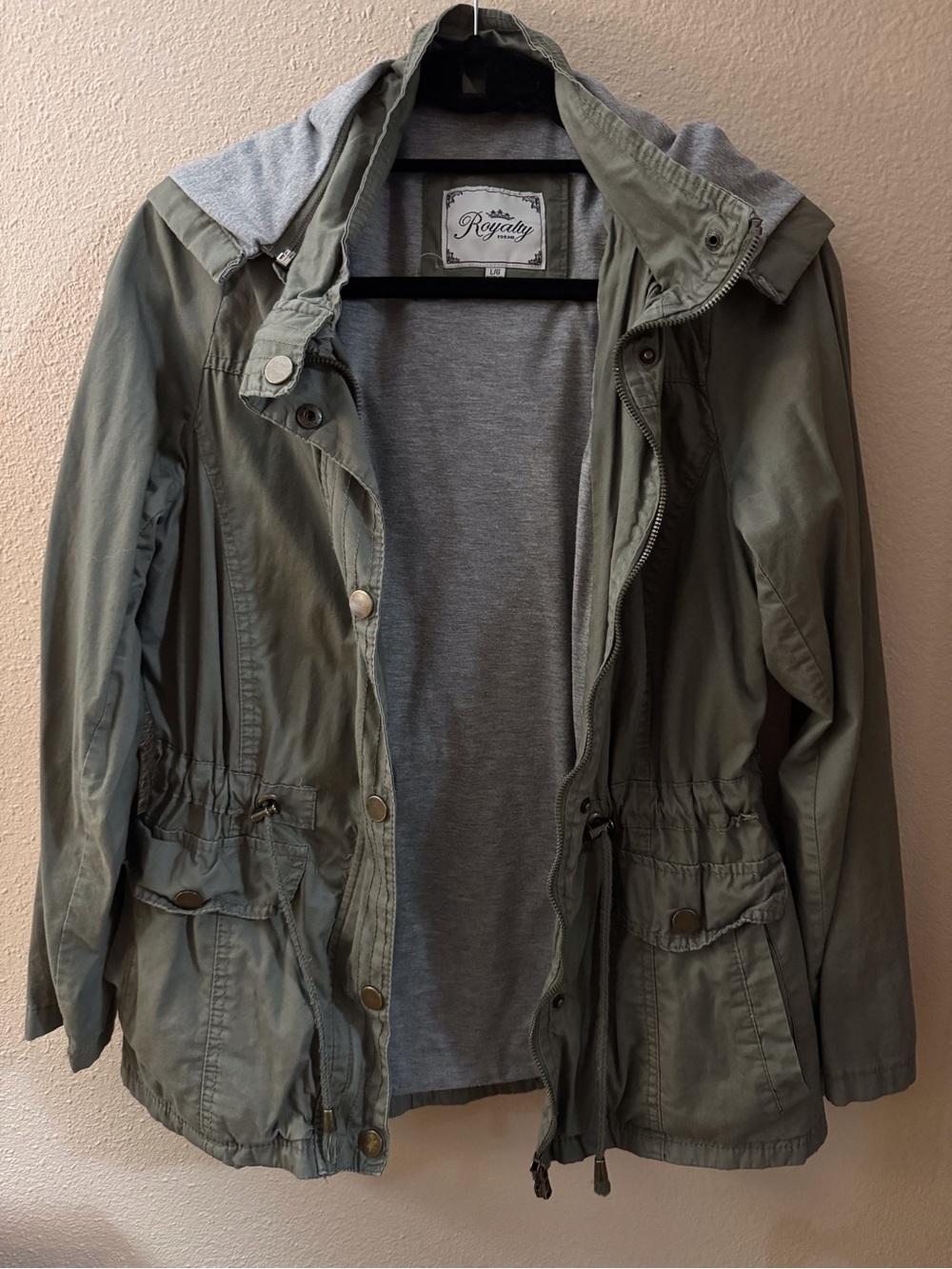 Royalty For Me Olive Jacket with Gray Hood Lining